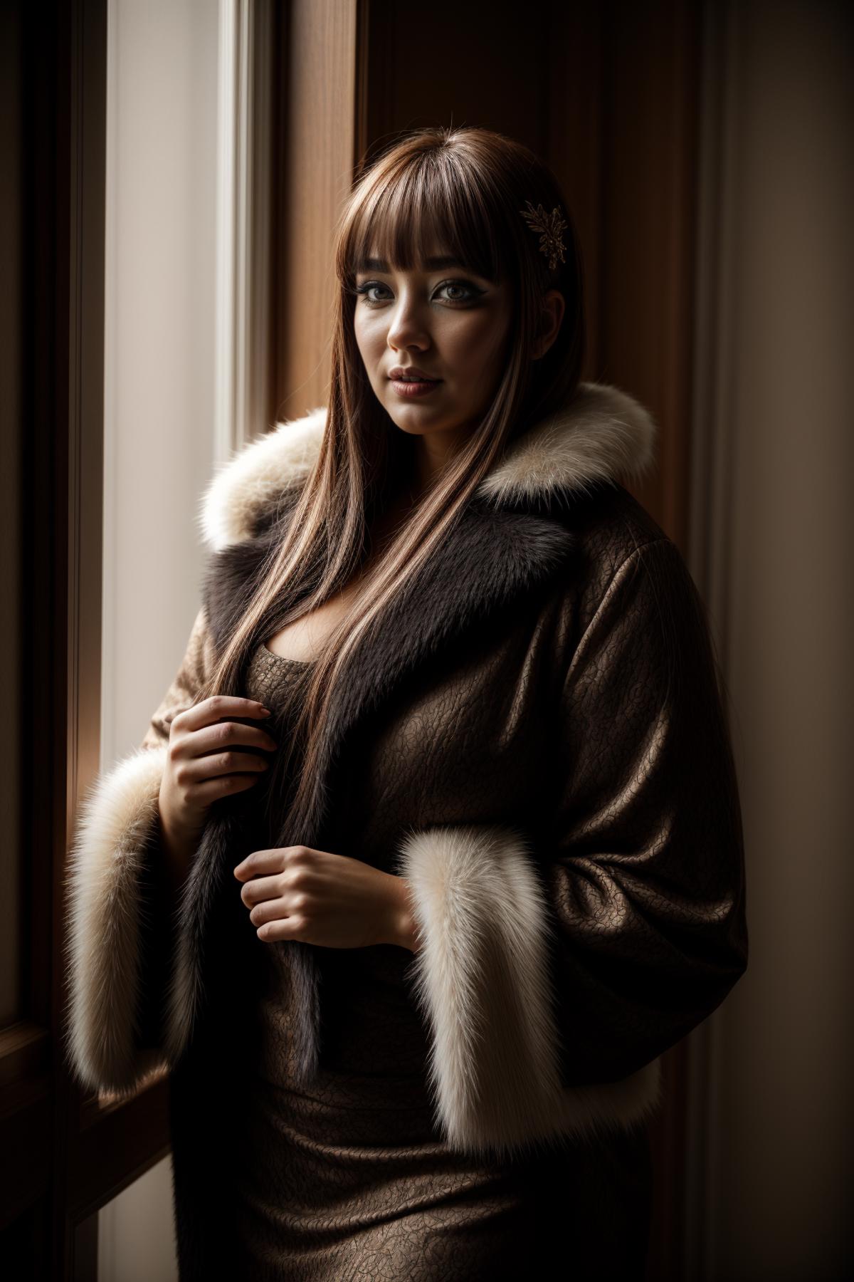 A woman wearing a fur coat with a fur trimmed hood stands in front of a window.