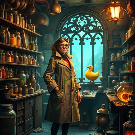 Create a cluttered, dimly lit laboratory filled with strange and exotic artifacts from different eras and cultures. Jars of colourful potions on shelves, There's a workbench in the center of the room, covered in tools and a steampunk robotic duck, and a large, ornate window with an otherworldly view. A feminine mad scientist stands, surrounded by her creations. The figure is dressed in a colourfully Stained lab-coat with many pockets and a pair of goggles perched on their forehead, and is holding a strange tool in one hand. Style: cluttered, window lit, mystical. Colors: warm, golden, glowing. Highest-Quality, 4k, Masterpiece