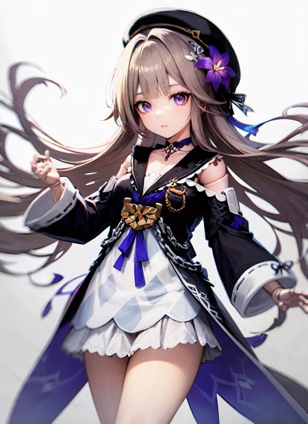 masterpiece, best quality, ultra-detailed, illustration, 1girl, solo,  <lora:herta_v11h:0.9> , herta /(honkai star rail/), grey hair, long hair, purple eyes, doll joints, small breasts, purple hair flower, beret, single earring, choker, collarbone, hertadress, black jacket, long sleeves, purple ribbon, frills, white dress, checkered dress, tailcoat, cowboy shot, thighs