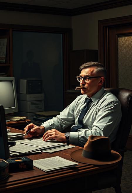 score_9, score_8_up, score_7_up, 1girl, (masterpiece, best quality, high resolution), photorealistic, ultra-detailed) noir-style image of a 55-year-old male detective of average build, sitting at an old, massive dark oak desk. He has a short “buzz cut” hairstyle, short mustache, and deep-set eyes. He wears transparent rectangular glasses, a white shirt, dark navy tie, and classic trousers. He’s smoking a cigar and looking thoughtfully and skeptically at some documents on the desk. The desk is cluttered with papers, a fedora hat in dark brown felt, an ashtray, and an old 90s computer monitor. The background shows a messy detective office — filing cabinets, case folders, a glass partition with frosted matte glass revealing vague silhouettes of coworkers behind it. There’s also a door with a frosted glass window. The lighting is dim and warm, creating a soft atmospheric glow, evoking a noir ambiance. Scene is rated PG-0 — no violence, gore, or explicit content.