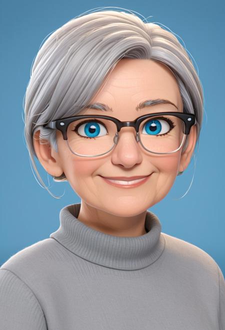 disney pixar 3d animation character of a 60yo woman, smiling at viewer, bobbed gray hair, a simple background, blue eyes, sirmont16A, glasses, tomiedepaola