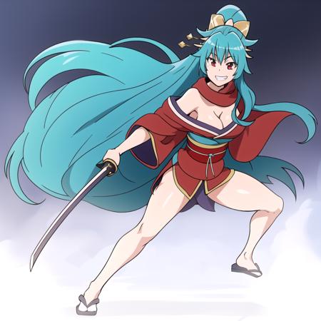 1girl, solo, aqua hair, very long hair, japanese clothes, kimono, scarf, cleavage, hair ornament, hair stick, kimono, sash, large breasts, red eyes, <lora:TomoeAdvanched:0.6>, (full body:0.9), fighting stance, grin, smile, KatanaOneHand, <lora:UnlimitedBladeWorksV1:1>