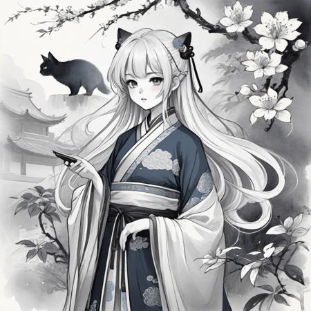 Monochrome Chinese painting，Ink style, Chinese ink painting,1 cute girl with cat ear and cat tail stands in the garden, cute detailed beautiful eyes beautiful face casual, silver hair, silver ear, blue hair blue ear long hair, coat, short skirt, hair blowing with the wind, blue eye flowers, little girl, butterflys flying around , Monochrome Chinese painting，Ink style, Chinese ink painting,original, masterpiece, illustration, extremely fine and beautiful, perfect detailed, photorealistic, beautiful and clear background depth of field