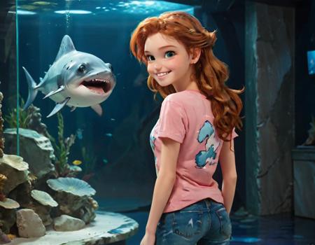 stylized digital anime image of smiling Alina01 from the rear side profile, looking over her shoulder at the camera, standing next to an aquarium with a stingray inside, wearing ripped blue jeans and a pink tshirt, dark lighting, marble floor