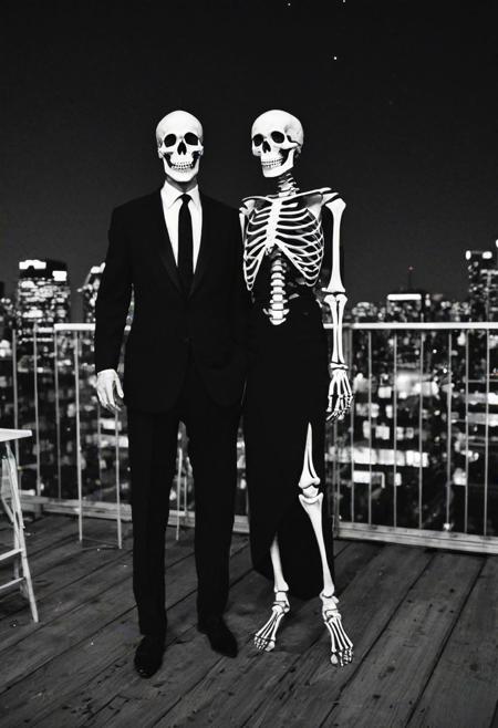 2015, summer night, skeletons at a rooftop cocktail party, in black tie dress code