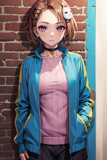 masterpiece, best quality, absurdres, perfect anatomy, 1girl, solo, KurashimaChiyuri, short hair, cat hair ornament, earrings, sharp eyes, choker, neon shirt, open jacket, turtleneck sweater, night, against wall, brick wall, graffiti, dim lighting, alley, looking at viewer, <lora:KurashimaChiyuri:1>