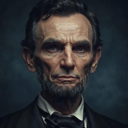 closeup portrait of Abraham Lincoln, serious look, moody, highly detailed, 
BREAK
Deep dark intense midnight blue misty background, Dark theme, dynamic lighting, (soft shadows), (soft focus), (photo realistic), uhd, 8k