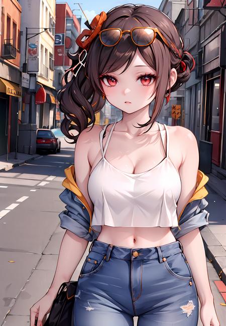 ((masterpiece,best quality)), 1girl, chiori, crop top, bare shoulders, cleavage, bare arms, denim, eyewear on head, street, depth of field,