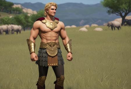 Civilization 6 style,1boy, day, <lora:model_01:0.9>, Medium shot, mid to full body, Alexander The Great of Macedon, youthful, tan, blonde, Muscular, aesthetic and youthful athletic male body and face, Cocky, grinning, flexing his arms for us, Macedonian armor with the muscle cuirass showing just like in the Alexander the Great leader model in the game Civ6.