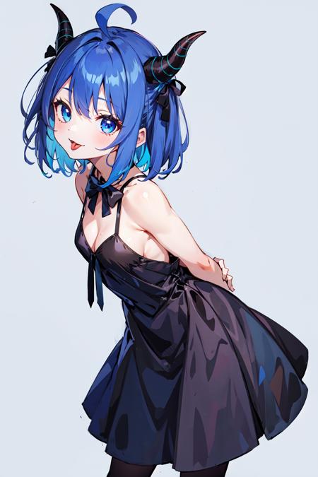 masterpiece, 1girl, best quality, :3, ahoge, black dress, black footwear, black ribbon, blue bow, blue eyes, dark blue hair, blue tongue, colored tongue, dress, horns, medium hair, open mouth, ribbon, cowboy shot, medium breasts, simple background, leaning forward, (arms behind back:1.3),