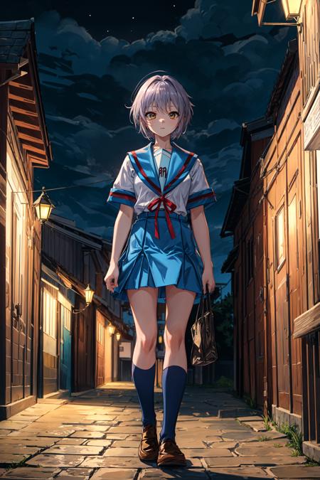 (masterpiece),(best quality), <lora:NagatoYuki:0.85>, yuki, summer uniform, white shirt, blue skirt, kneehighs, loafers,  short sleeves, serafuku, close,  poker-faced, inexpressive face, medieval street, medieval town, old japanese town, (night:1.2), lamps, people, best quality, <lora:Adddetail:0.7>,