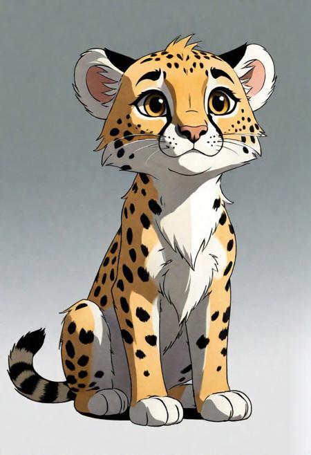 Create a character sheet with studio ghibli animation for cheetah cub. Not looking like human. Sits on his feet.