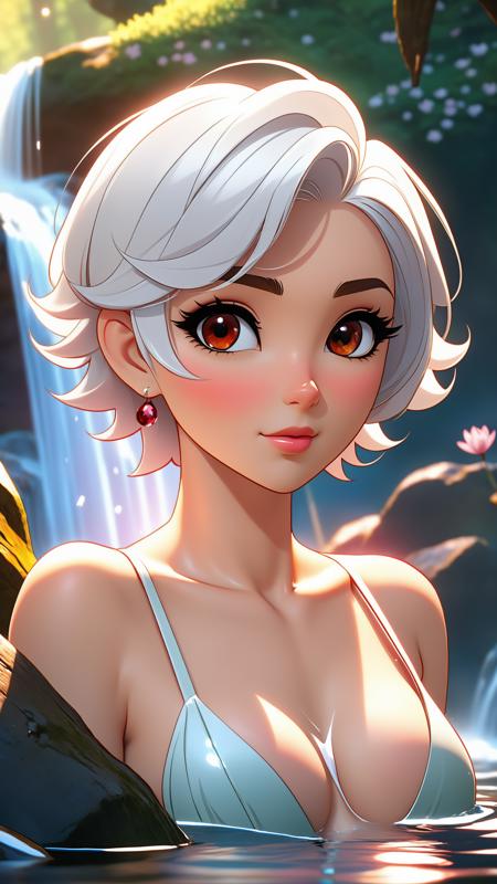 ((short parted down middle white hair)), solo, masterpiece, best quality, perfect face, ((anime style:1.3)), body shot of a shy european woman with short parted down the middle hair with no bangs, (white rainbow short hair:1.0), detailed face, detailed eyes, long lashes, adult, mature, (red eyes), (looking at another:1.2), (dynamic angle:1.3), beautiful detailed cloud, masterpiece, best quality, upper shot, close up, bathing under a water fall in the water, aqua watyer, water lillys and flowers, cherry blossoms, sunset,pointy ears, cleavage,(small breasts), (in forest:1.3), expressionless, middle breast, lens flare, shine, painting, showering under waterfall, looking back, ((nude:1.2)), ((sunset:1.3)), wet hairs, cartoon style