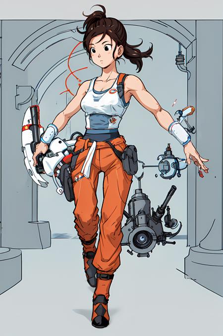 toriyama akira, high res, 1girl, chell, solo, mature, tall, full body, long dark hair, ponytail, black eyes, testing facility,large breasts, cute face, weapon,  portal gun, stepping out of a blue portal, GlaDOS, (profiles:0.3), masterpiece, anime colors, lineart detailed, <lora:toriyama_akira_3:0.7>, passion,  <lora:portal_chell-10:0.7>