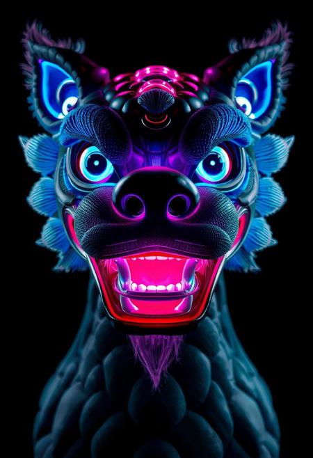 masterpiece, best quality, amazing quality, very aesthetic, high resolution, ultra-detailed, absurdres, newest,  photorealistic details, volumetric lighting, foo dog with a spherical head and no body, close up of head, glowing teeth and eyes, blue and pink, plain black background