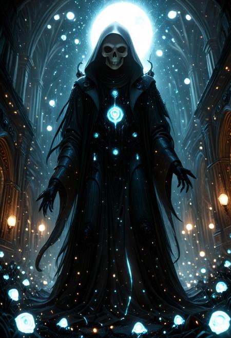 A great illustration of a grim reaper, bokeh, looking at viewer, Bioluminescent World, church background, masterpiece, absurdres, vibrant, cyberpunk gothic fusion, futuristic gothic fantasy, dynamic angle, dynamic pose, dramatic light, highly detailed, high resolution textures, ultra high resolution, futuristic, biomech vibes, mobe-cybideen, mobe-godeen,