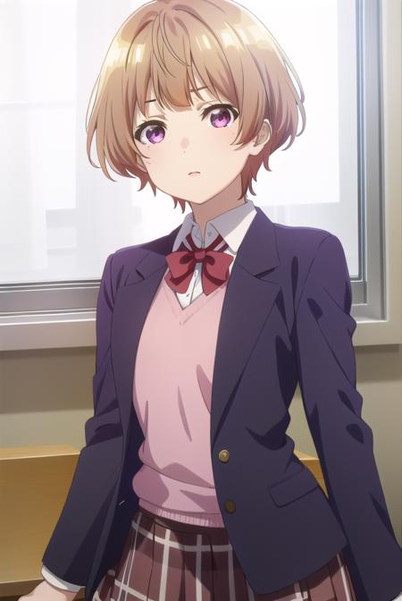 hanabinatsubayashi, <lora:hanabi natsubayashi s1-lora-nochekaiser:1>,
hanabi natsubayashi, short hair, brown hair, (pink eyes:1.2),
BREAK skirt, shirt, long sleeves, school uniform, jacket, white shirt, pleated skirt, necktie, collared shirt, plaid, plaid skirt, blazer, red necktie,
BREAK indoors, classroom,
BREAK looking at viewer,
BREAK <lyco:GoodHands-beta2:1>, (masterpiece:1.2), best quality, high resolution, unity 8k wallpaper, (illustration:0.8), (beautiful detailed eyes:1.6), extremely detailed face, perfect lighting, extremely detailed CG, (perfect hands, perfect anatomy),