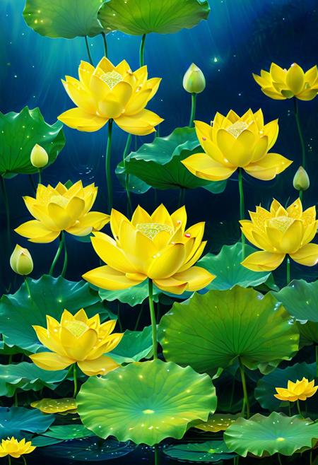 <lora:hehua:0.9>, hv, lily pad, no humans, sparkle, golden lotus, scenery, outdoors, some leaves, nature, water, lotus flowers are very diverse from flower buds to blooming flowers, ((yellow lotus)), Nelumbo lutea,The size of the flowers is different