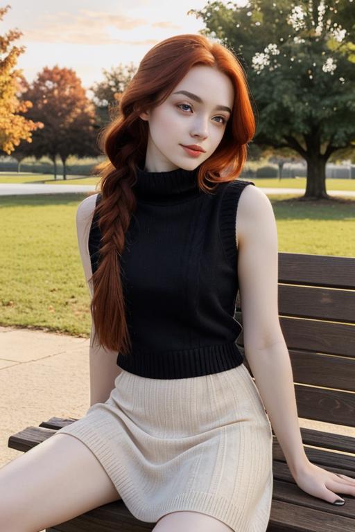 A Woman with Red Hair and a Braid Poses for a Picture on a Bench.