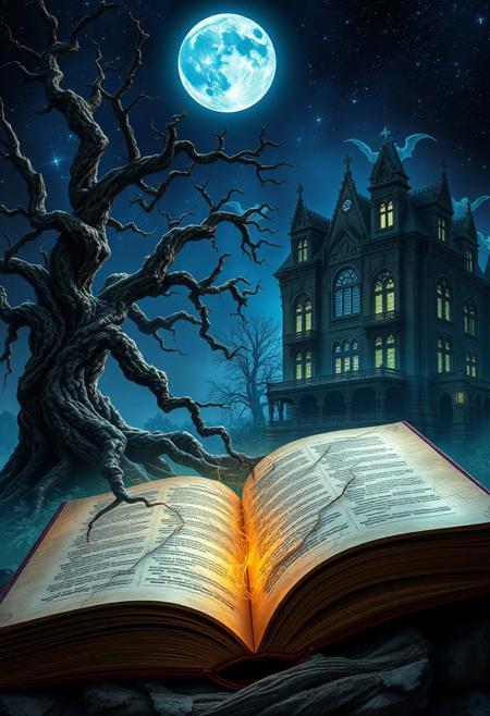 The image is a highly detailed, dark, gothic fantasy digital image, featuring an open book in the foreground, the pages crackle with magic as they transform and blend into a  fantastic landscape. a large, gnarled tree on the left, with twisted branches and roots that dissolve into the page, and a multi-story, gothic mansion on the right, an evil glow spreads from its windows. In the background a ghostly blue moon rises against an inky blue starry night sky, adding a spectral mood to the scene. The overall style is highly detailed and imaginative, blending elements of fantasy and realism seamlessly. The colours are rich and vibrant.