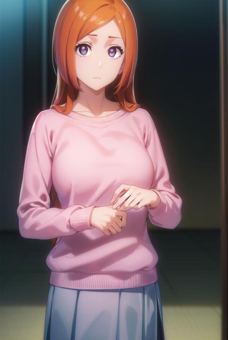 inoueorihime, <lora:originalinoueorihime-lora-nochekaiser:1>,
inoue orihime, long hair, orange hair, (grey eyes:1.5),
BREAK sweater, (pink sweater:1.5), long sleeves, puffy sleeves, skirt, blue skirt, long skirt,
BREAK looking at viewer, full body,
BREAK indoors, classroom,
BREAK <lyco:GoodHands-beta2:1>, (masterpiece:1.2), best quality, high resolution, unity 8k wallpaper, (illustration:0.8), (beautiful detailed eyes:1.6), extremely detailed face, perfect lighting, extremely detailed CG, (perfect hands, perfect anatomy),