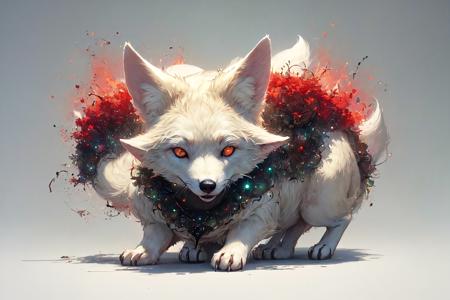 (masterpiece, top quality, best quality, official art, beautiful and aesthetic:1.2), the face of a white fox, glowing green eyes, curly, in a black forest, dark red sky, fireflies, scary, demonic, (no humans:1.9), <lora:StarkJourney:1.0>