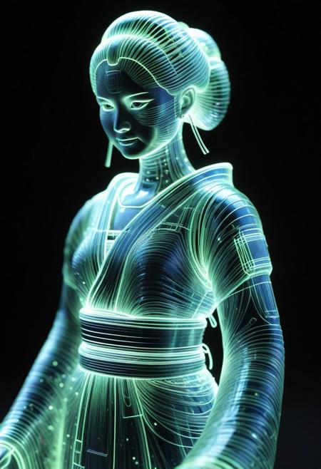 <lora:World_of_Glass_Filament:0.6> made of, tiny neon (glass:1.1) filaments, w0gf1l, Android, geisha, with robotic parts, in flowery kimono, Intricate details, 8 k, cinematic <lora:sss:0.8> subsurface scattering, sss <lora:envyStarlight_v10:0.8>