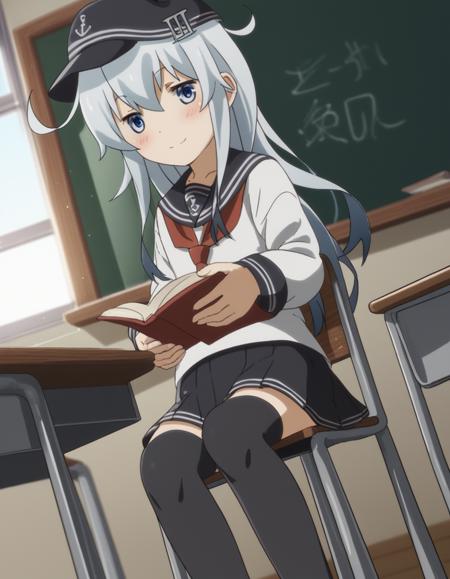 hibiki, long hair, blue eyes, white hair, grey hair, hibiki (kancolle) skirt, thighhighs, long sleeves, hat, school uniform, pleated skirt, serafuku, black thighhighs, black skirt, neckerchief, flat cap,