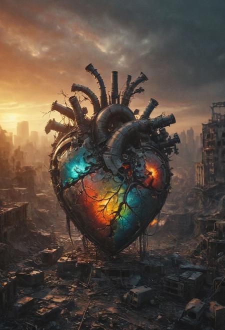 mechanical  heart, bleading oil, glowing veins, multicolor
Wide range of colors.,war, bombing, ruins, Dramatic,Dynamic,Cinematic,Sharp details
Insane quality. Insane resolution. Insane details. Masterpiece. 32k resolution.
<lora:add-detail-xl:0.95> <lora:dvr-lnds-sdxl:0.3> dvr-lnds-sdxl <lora:MJ52:0.25> <lora:ral-apoctvisn-sdxl:0.3> ral-apoctvisn <lora:zavy-cntrst-sdxl:0.35> dark, chiaroscuro, low-key <lora:zavy-rmlght-sdxl:0.41> zavy-rmlght <lora:SDXLFaeTastic2400:0.225>