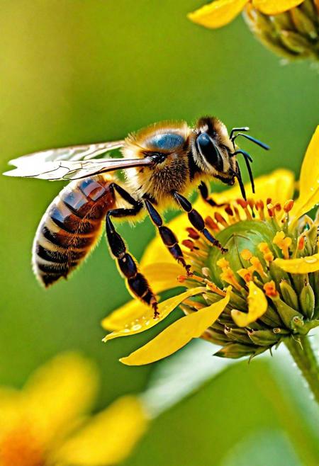 Craft an exquisite masterpiece that captures the stunning detail and vibrant life of a honey bee.The scene is set in an ultra-high-definition, sunlit meadow, brimming with colorful wildflowers. The honey bee, in hyper-realistic detail, is hovering near a bright yellow blossom. Its wings should be translucent and iridescent, catching the sunlight in a dazzling display. The bee's furry body is finely detailed, with each hair visible, glistening with tiny droplets of morning dew.The background is a blur of greenery and flowers, creating a depth of field that brings the bee sharply into focus. Surrounding the bee are soft, golden rays of sunlight filtering through the petals, creating a warm, inviting atmosphere. The entire scene is alive with the gentle buzz of the meadow and the delicate rustling of leaves in the breeze. This image should not only showcase the intricate beauty of the honey bee but also the vibrant ecosystem it thrives in, combining realism with a touch of whimsy.