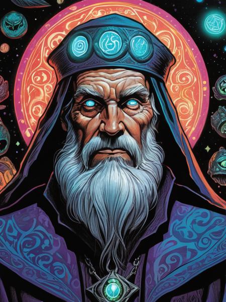 1970âs dark fantasy book cover paper art dungeon and dragons style drawing of an old bearded warlock with many years of knowledge behind his eyes, luminescent magic, glowing, ethereal, magical glyphs, 
high film grain, colorful, popart, pulp comic style, 
detailed textures, High clarity, Sharp focus, 
 <lora:add-detail-xl:1>