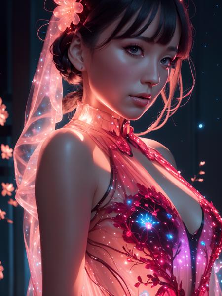 breathtaking 8k, masterpiece, beautiful mature woman, (red bioluminescent dress), <lora:bioluminescent_dress-1.0:0.8>, ((very dark, high contrast)), glow, (bloom), looking at viewer, ((face close-up))