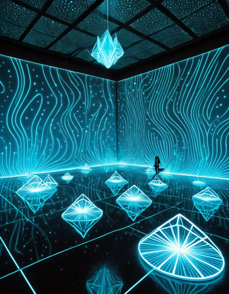 "A bioluminescent art installation in a futuristic gallery—floating light sculptures, glowing geometric patterns, reflective black floor, no visitors"  <lora:Bioluminescent_World:1>