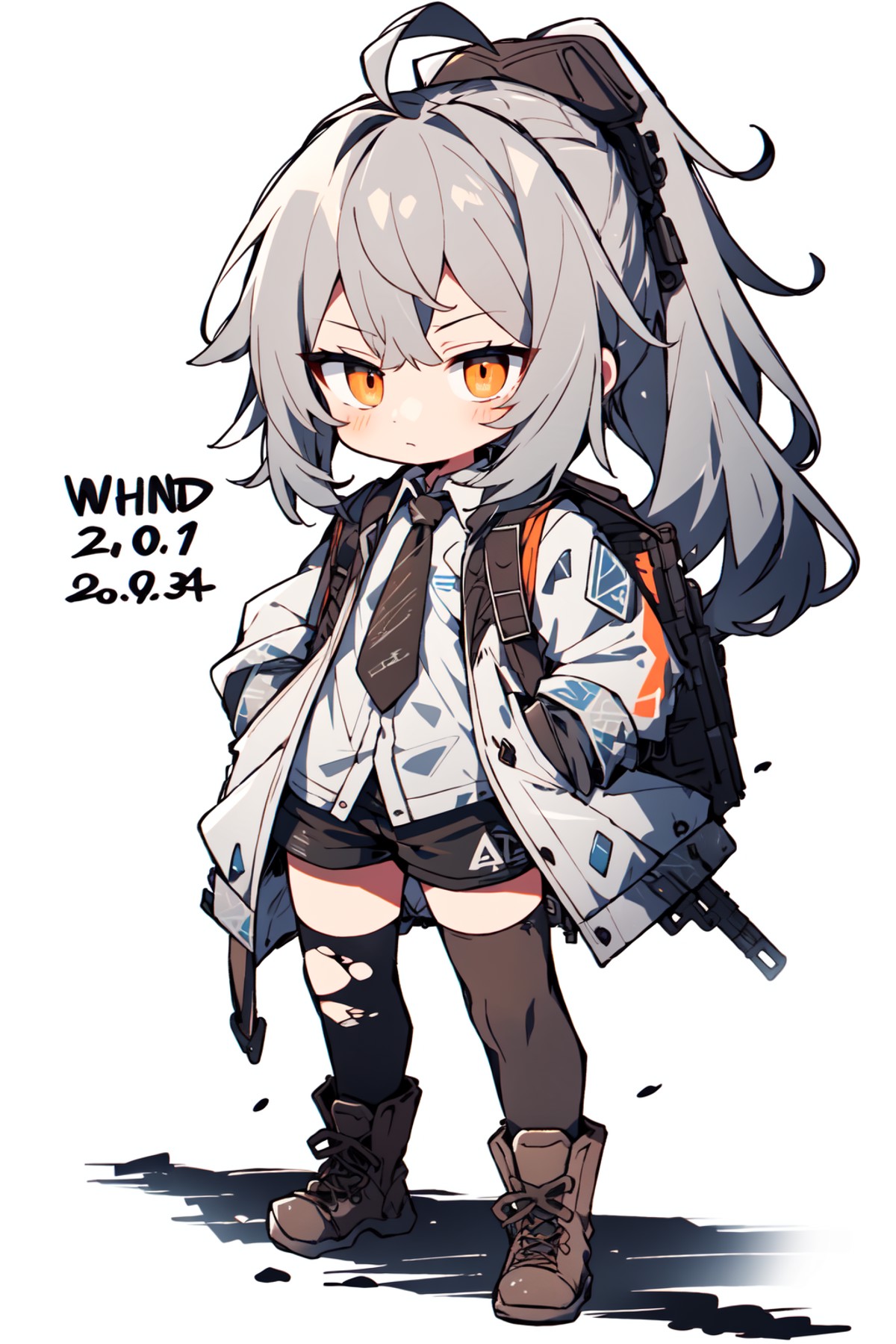 <lora:chibi_anime:1>, 1girl, solo, weapon, hands on hips, thighhighs, gun, weapon on back, boots, white background, shorts...