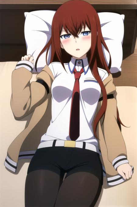 (masterpiece), high quality, detailed background, 1girl, solo,
<lora:SteinsGateKurisu-v1-08:0.7>, Chopiokurisu, maroon hair, hair between eyes, blue eyes, (looking at viewer:1.3),
long hair,
outfit_1, collared shirt, white shirt, brown jacket, red necktie, off shoulder, arm strap, white belt, black shorts, black pantyhose, legwear under shorts,
embarrassed, shy, open mouth, (blush:1.4),
bedroom, (white:1) bed, (white:1) bed sheet, (white:1) pillow, head on pillow, on bed, (on back, lying on bed:1), from above,