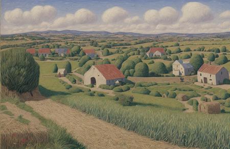style of Henry Moret, clump ,hacienda ,farm ,patch ,yard , Scrubland , scene painting,scenery,a painting,