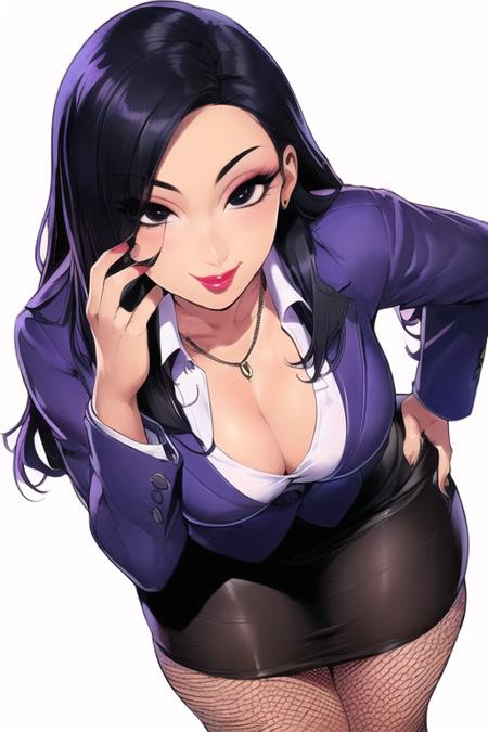 (1girl), (((pencil skirt, breasts, pantyhose, black skirt suit, formal, teacher, skirt, suit, cleavage, pointer, hand on hip, large breasts, jewelry, long hair, necklace, miniskirt, black  hair, black eyes, makeup, lipstick, jacket, business suit, smile, curvy, leaning forward, wide hips,  hand on waist, leaning forward, pencil in hand,
<lora:Hae_Young_Nah_TV1:0.5>))),
(from below),  ((from front)),
(((sticker with white border))),  (((basic white background))),((solo)), (dynamic pose:0.9), photorealistic, (hyperrealistic:1.2), beautiful, masterpiece, best quality, extremely detailed face, perfect lighting, medium breasts, (wide hips:1.2), nsfw,   glowing, ,  perfect eyes, large eyes, curly eyelashes,  (exited face:1.1) , ((perfect face)), ((fishnets)),  (((horny))), ((perfect hands)), (perfect hands),