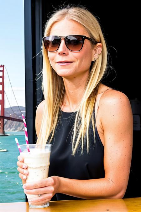 RAW photo, a photo of gwypaltrow72 drinking a milkshake and wearing sunglasses, the background is san francisco bridge, (high detailed skin:1.2), 8k UHD, DSLR, (realistic, photo-realistic:1.37), Amazing, finely detailed, masterpiece, best quality