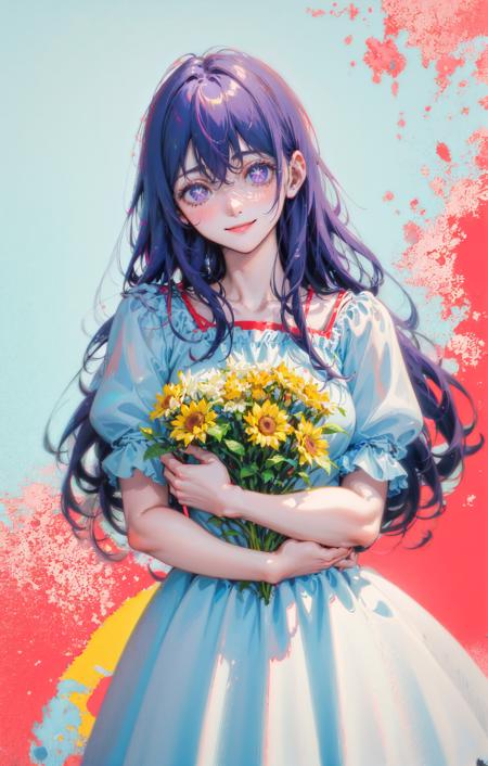 1girl, bangs, blush, bouquet, cowboy_shot, dress, flower, holding, holding_bouquet, holding_flower, long_hair, looking_at_viewer, orange_flower, petals, pink_rose, puffy_short_sleeves, puffy_sleeves, purple_eyes, purple_hair, red_flower, red_rose, rose, short_sleeves, smile, solo, very_long_hair, white_dress, yellow_flower,
<lora:hoshinoAiOshiNoKo_v50:0.8><lora:style_TID:1>