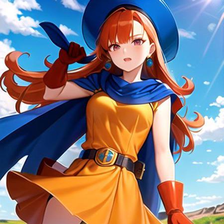 Alena is an amazing girl, red eyes, orange long hair, splashed hair tips,  blue hat, earrings, blue cape, yellow dress, short sleeves, belt, gloves,  skirt,  ( low saturation) , in wild, beautiful sky