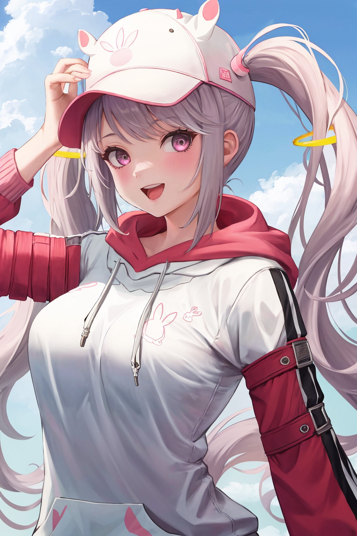 masterpiece, best quality, 1girl, solo, standing, <lora:alice-nikke-richy-v1:1> alicebunny, hoodie, hat, floating hair orn...