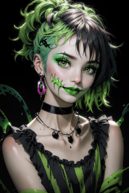 Niji Slime, kawaii, anime, flat colors, cel shaded, horror theme, halloween, flames, 1girl, looking at viewer, smile, short hair, jewelry, earrings, choker, necklace, makeup, black choker, piercing, lipstick, portrait, green lips, green theme, side lighting, neon lighting, rim lighting, specular highlights, <lora:Niji_Slime:0.75>