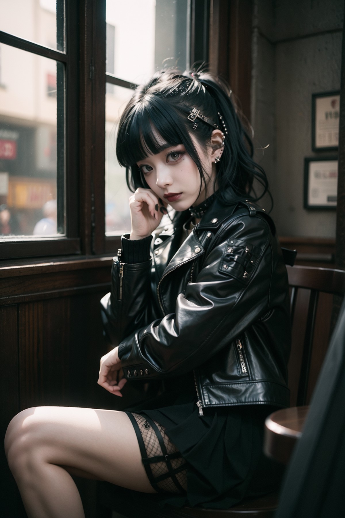 looking at viewer, A goth punk girl seated in a quaint cafe, clad in a studded leather jacket and tulle skirt, with bold m...