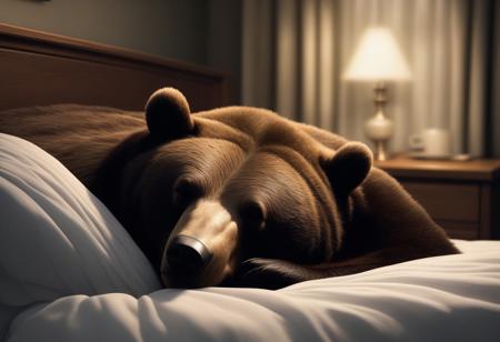 Bear sleeping in bed, dark, eyes closed, night, realistic, score_9, score_8_up, score_7_up, score_6_up,