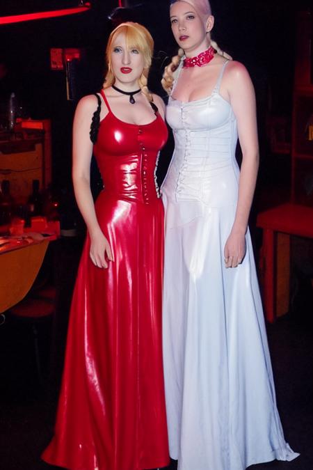 [[GothClub2K]] multiple_girls, 2girls, blonde_hair, dress, yuri, red_dress, latex dress, choker, braid, hairband, blue_eyes, arm_around_waist dark fog