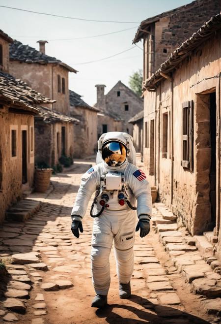 photo of astronaut walking in a old village in the background