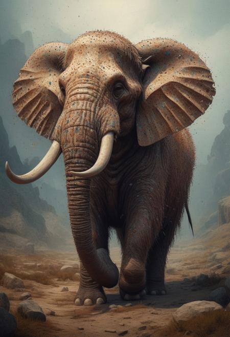 A brave work, Generative Art in weathered and sealed porous paper. Mammoth in the ancestral old earth, made with the vintage style "pointillism" technique with a light thickness of 1000/1 in the upper corner and 1/10000 in the lower left corner in perfectly contrast colors. Digital Art, perfect composition, beautiful detailed., 16K artistic photography, photorealistic concept art, soft natural volumetric cinematic perfect light, masterpiece.