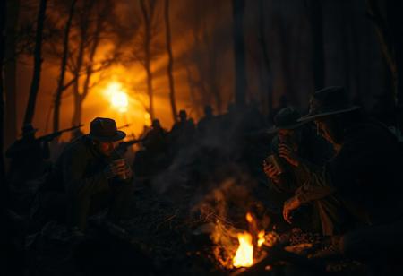 It's pitch black. Except for the orange glow shoots rays through the trees, the scene is only lit by gunfire in the background and a small fire in the foreground. 
It is an action filled scene during the Civil War. Broken men fight to stay awake in the trenches, bandaged and weary from months of fighting. The soldiers in their trashed blue outfits drink coffee from buckled steel cups and there's grime everywhere. Dust, dirt, smog, schmutz. There's a sad atmosphere hanging over them. Many good men died that day. 
There's a thick layer of mist, smoke and ashes in the air, possibly from a wildfire.  Heavy use of depth of field, blur.