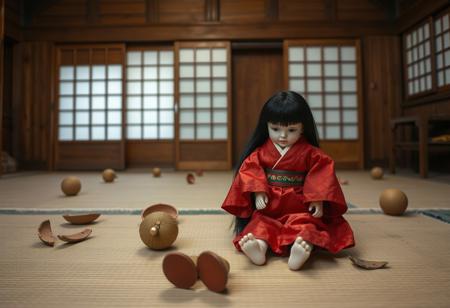 In a Japanese wooden building where a craftsman makes doll dolls, there is no one on the ground. The floor is tatami mats and the door is a horizontal sliding door. Several broken Japanese doll dolls are on the ground, including a complete doll that is 20 centimeters long. The doll is wearing a red kimono, with a pale face and long black hair in the style of a hime. Its dull expression is terrifying.