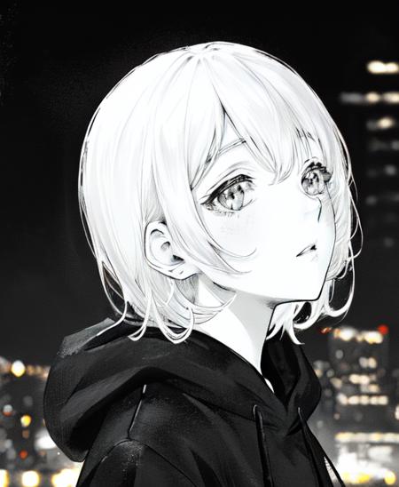 (male:1.5), in the style of  <lora:marvin:0.45>, manga, medium shot, looking up, sideways view, hoodie, short hair, solo, (city background, lights, blurred:1.2), greyscale, monochrome, detailed face